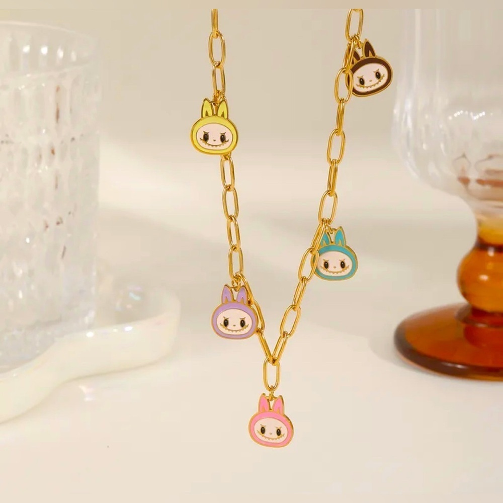 18K Gold Labubu Inspired Heads Paper Clip Link Charm Station Necklace No Fade